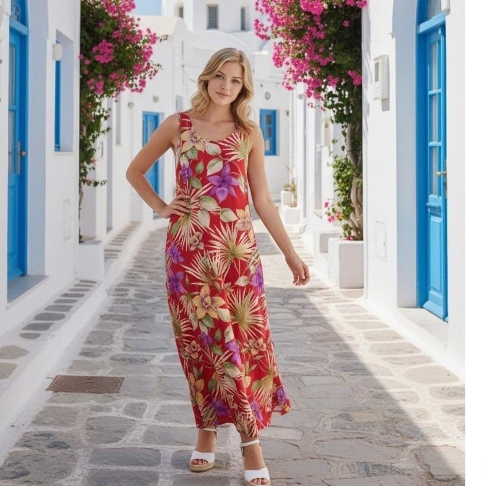 Abaco‎ Beach M Vintage Linen Red Floral Tropical Maxi Dress Sleeveless Flirty